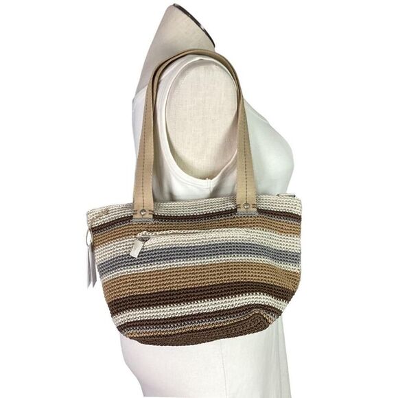 The Sak Tote Small Brown Mendocino Stripe Crochet Double Strap Zip Vegan NEW - Picture 1 of 12